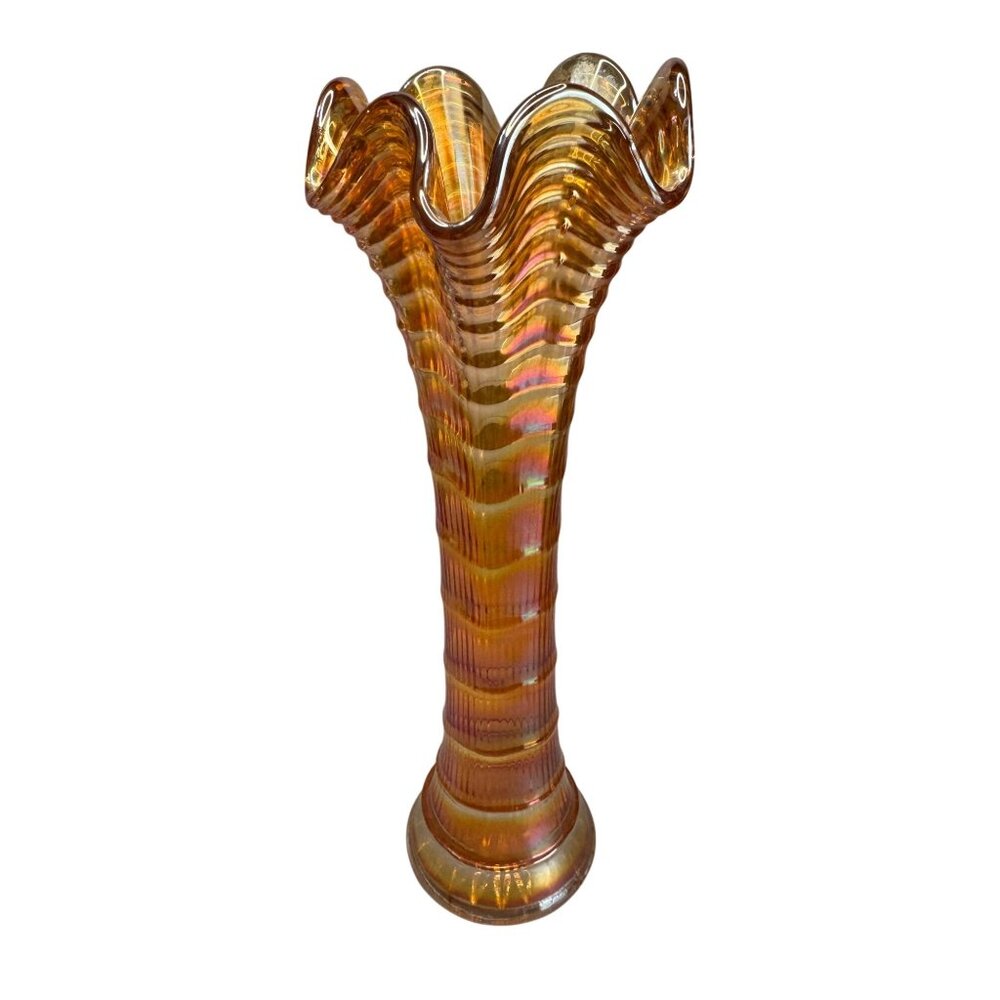 Antique Marigold Carnival Funeral Vase Ruffled Rim Glass Ribbed 10.5 Inch Tall - Picture 6 of 8